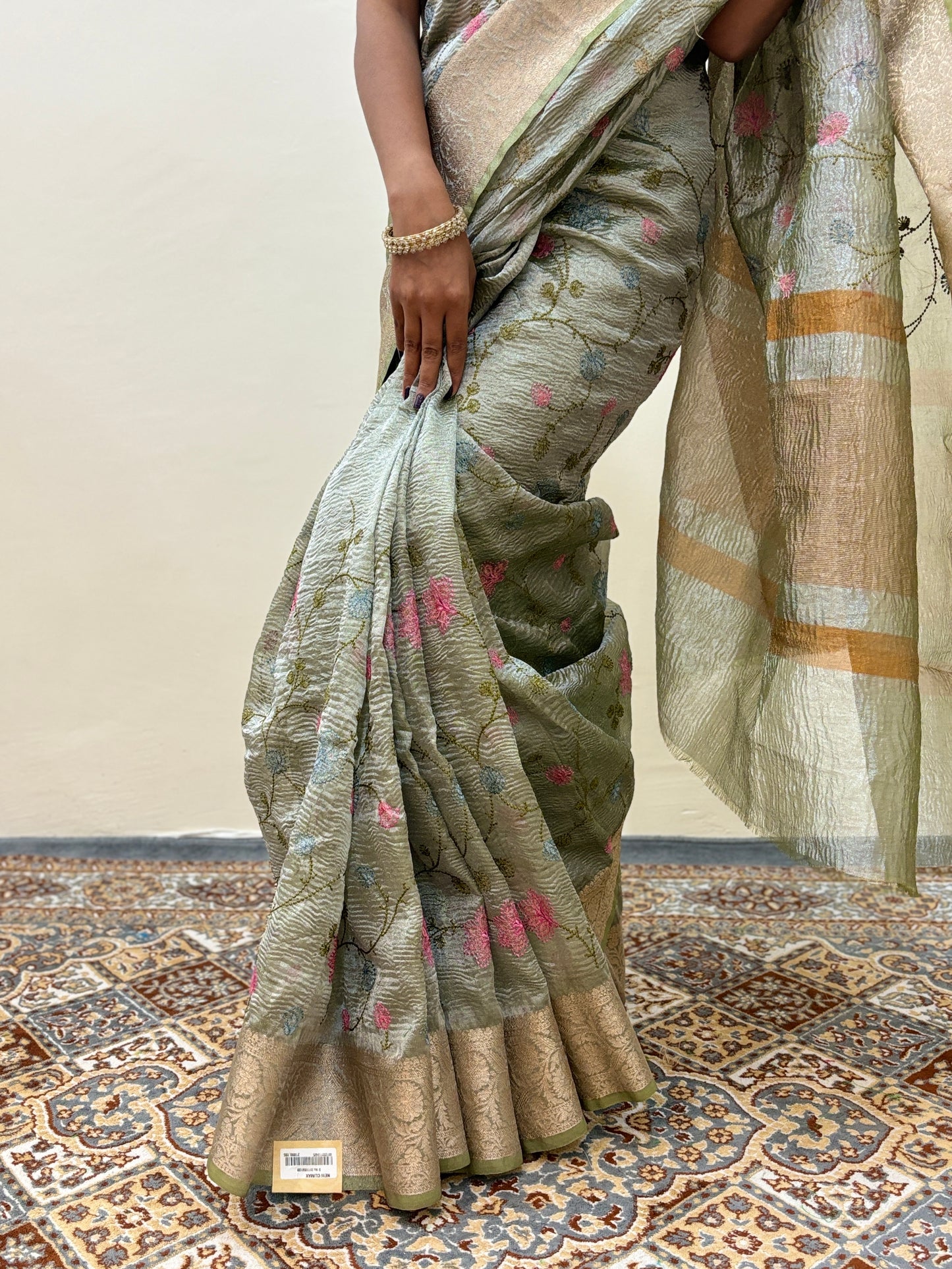 Light Green Crush Tissue With Embroidery Banarasi Handloom Saree