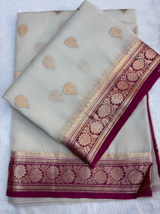 White-Rani Pink Pure Kora Designer Banarasi Handloom Saree 