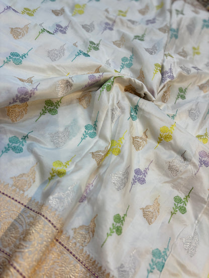 Exclusive White Pure Katan Iktara Handloom Saree