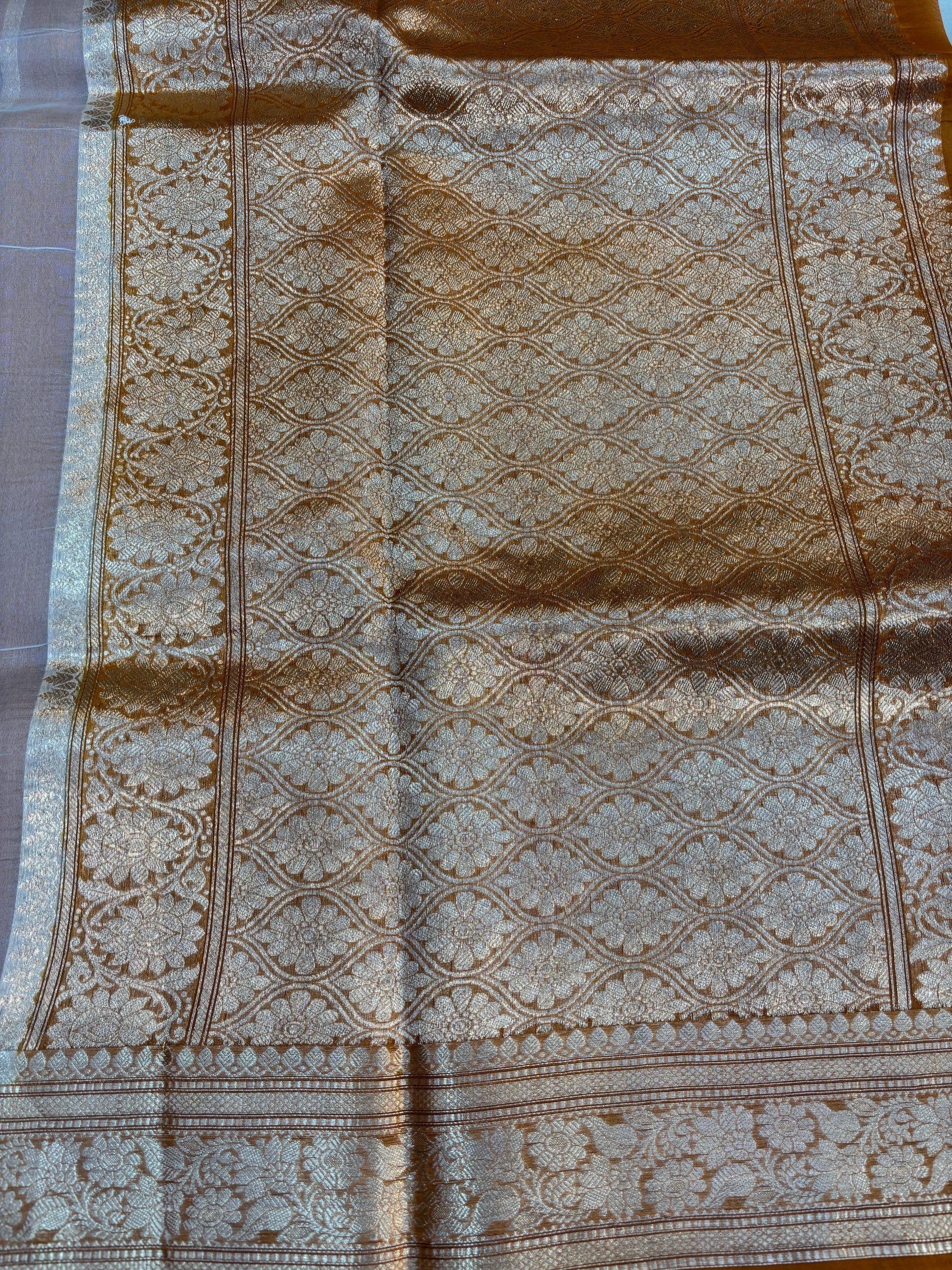 White with yellow Pure Kora Designer Banarasi Handloom Saree 