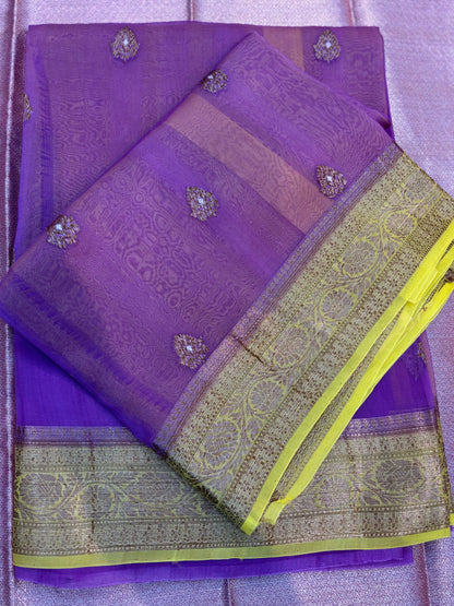 Violet with lemon, yellow, pure Kora antique Zari Banarasi Handloom Saari