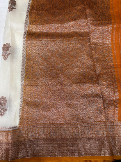 White whit Yellow Border Pure Kora Antique Zari Banarasi Handloom Saree