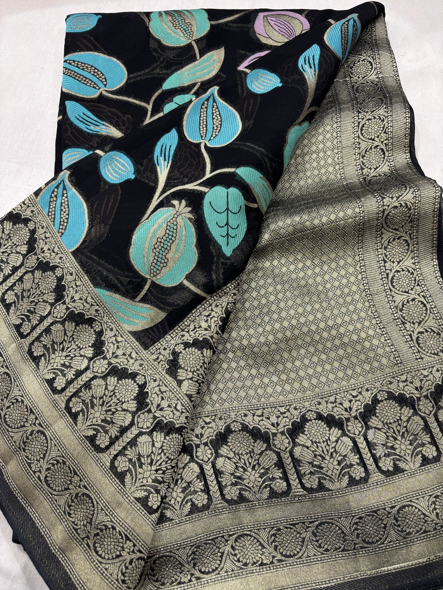 Sky Blue Semi Khaddi Georgette Banaras Sari 