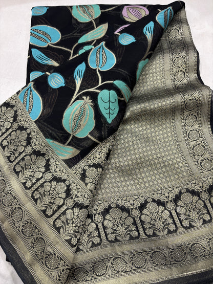 Sky Blue Semi Khaddi Georgette Banaras Sari 