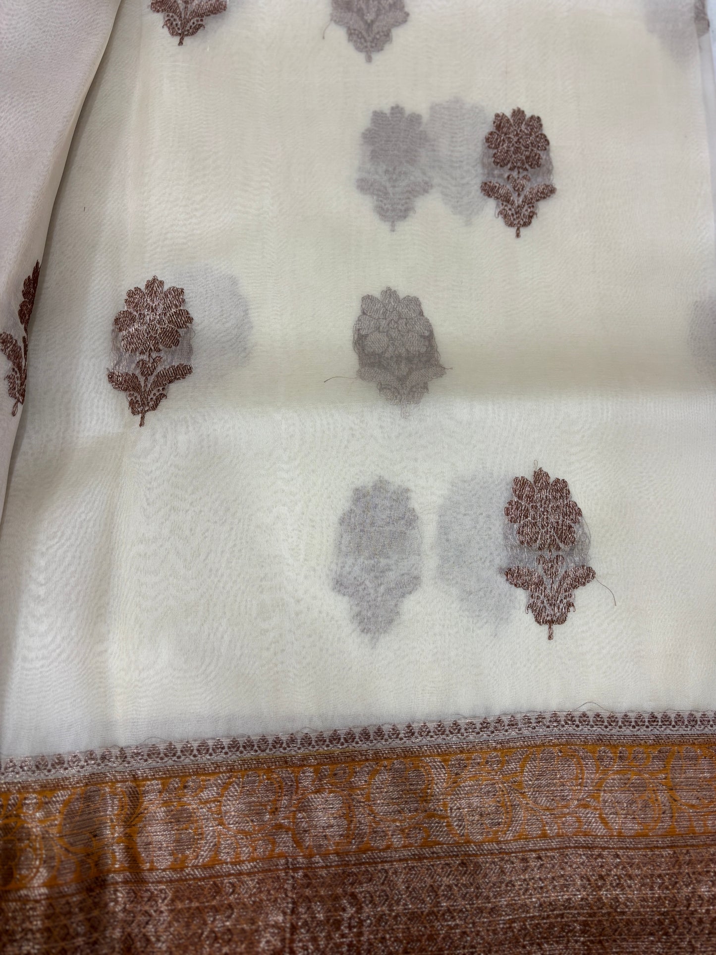 White whit Yellow Border Pure Kora Antique Zari Banarasi Handloom Saree