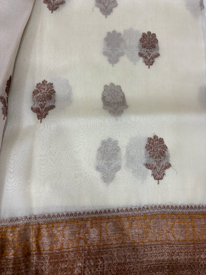 White whit Yellow Border Pure Kora Antique Zari Banarasi Handloom Saree