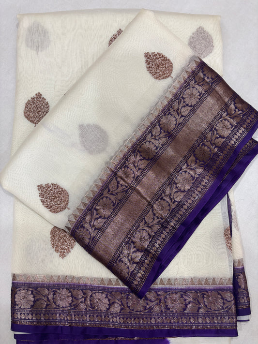 White With Blue Border Pure Kora Antique Zari Banarasi Handloom Saree