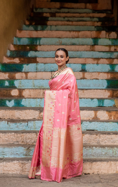 Baby Pink Pure Katan Belbooti with Meena Border Banaras Handloom Saree - Rungkaat