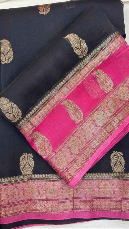 Navy and pink Banarasi-style saree with gold zari border and woven motifs