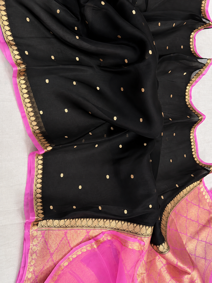Black with Pink Pure Pure Kora Silk Kadhuwa Banarasi Handloom Saree 