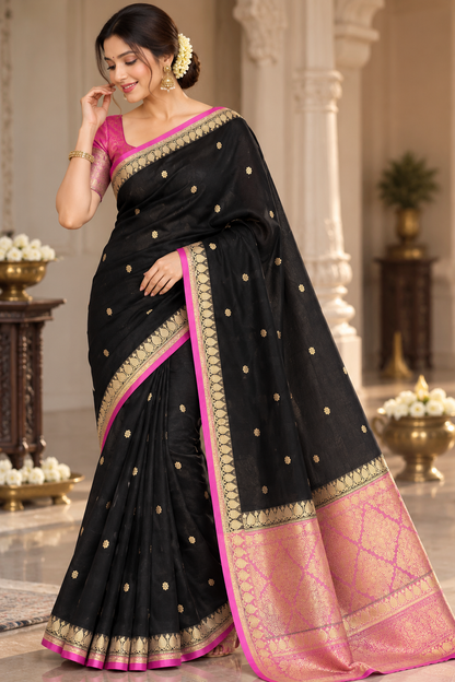 Black with Pink Pure Pure Kora Silk Kadhuwa Banarasi Handloom Saree 
