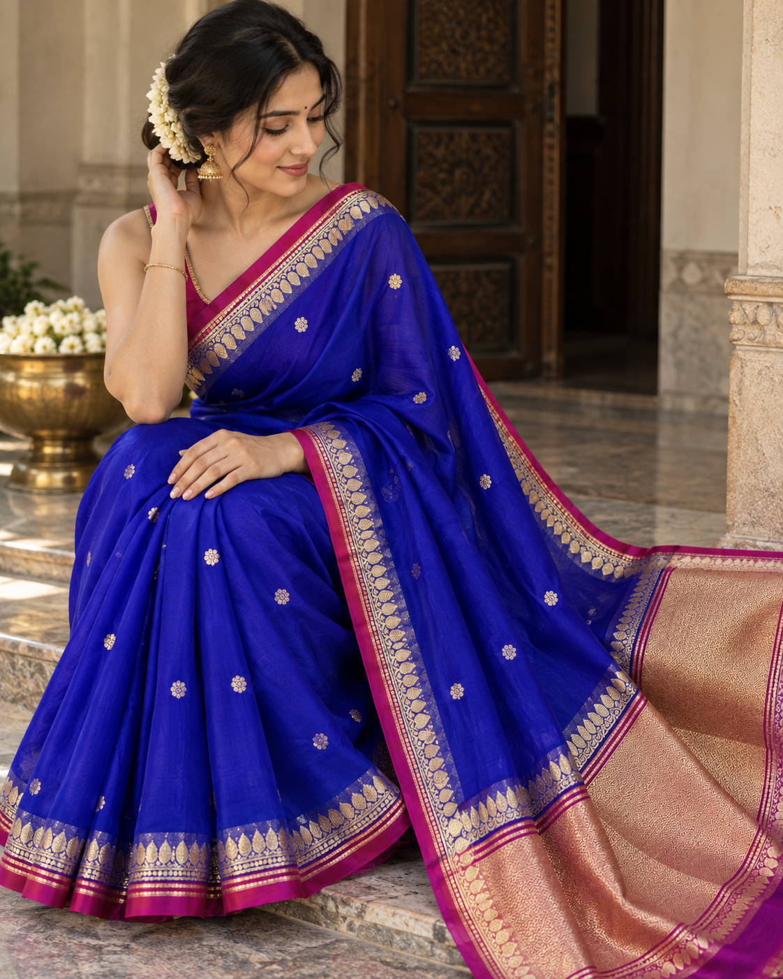 Royal blue silk saree with gold motif pattern, magenta and gold pallu border