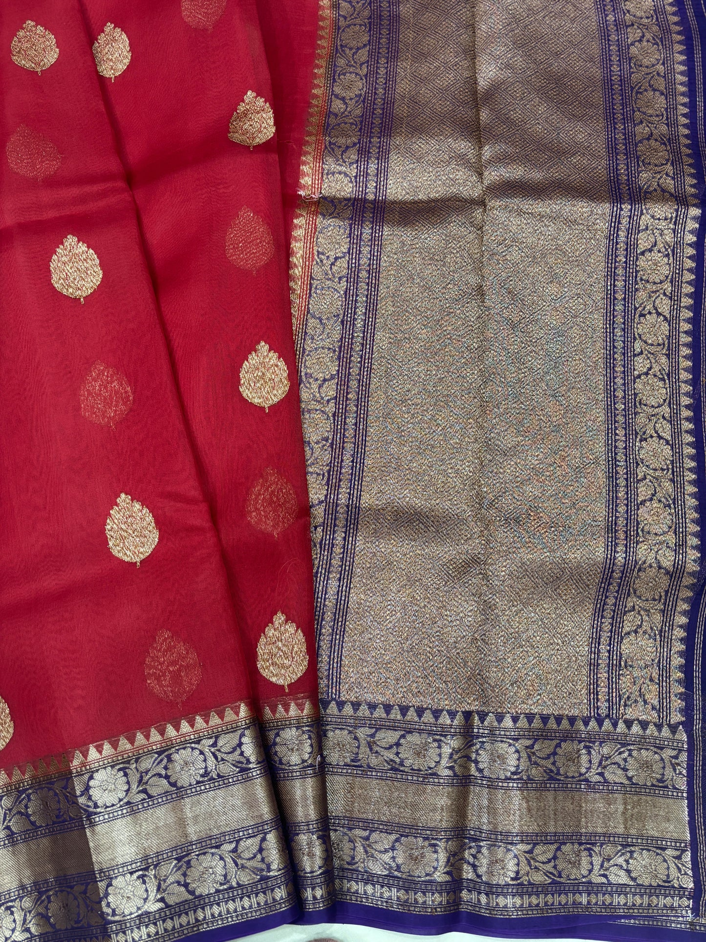 Red with Blue Pure Kora Antique Zari Banarasi Handloom Saree 