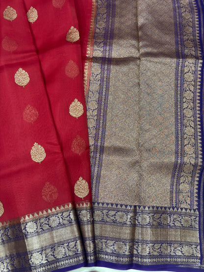 Red with Blue Pure Kora Antique Zari Banarasi Handloom Saree 