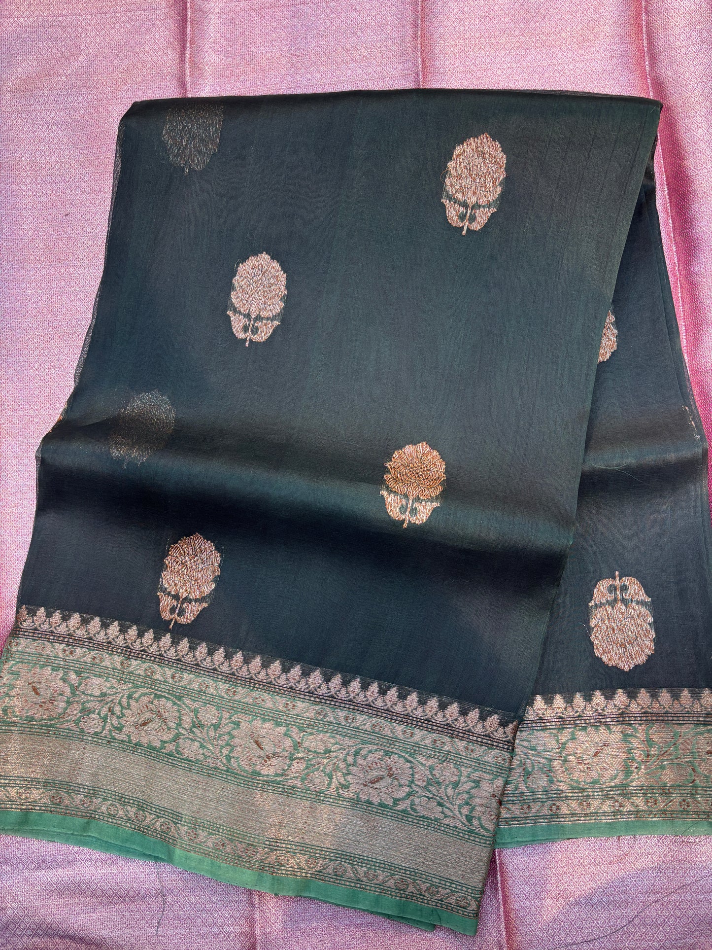 Rama Green Pure Kora Antique Zari Banarasi Handloom Saree
