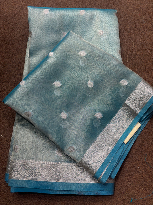 Light blue tissue Banarasi sari with silver motifs and patterned border