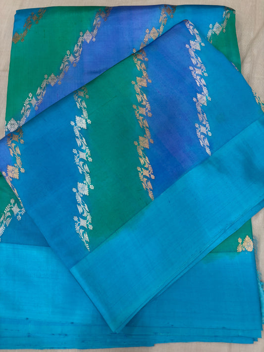 Blue and teal Banarasi handloom saree with gold zari stripe and floral motifs