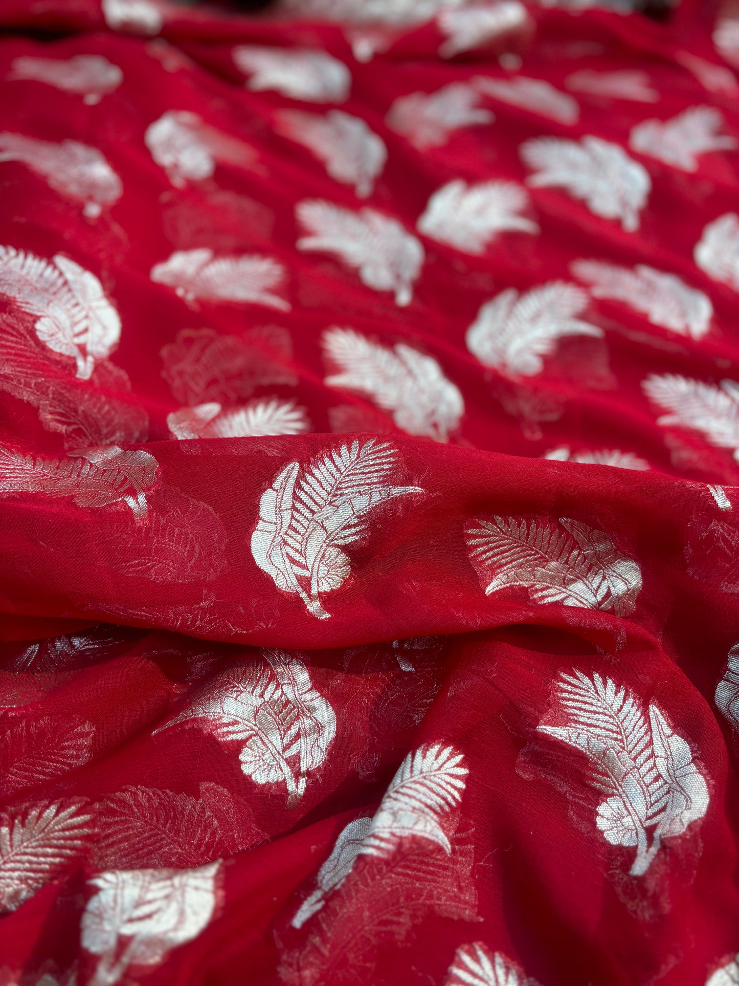 Red Pure Khaddi Georgette Leaf with Flowers Banarasi Handloom’s Saree