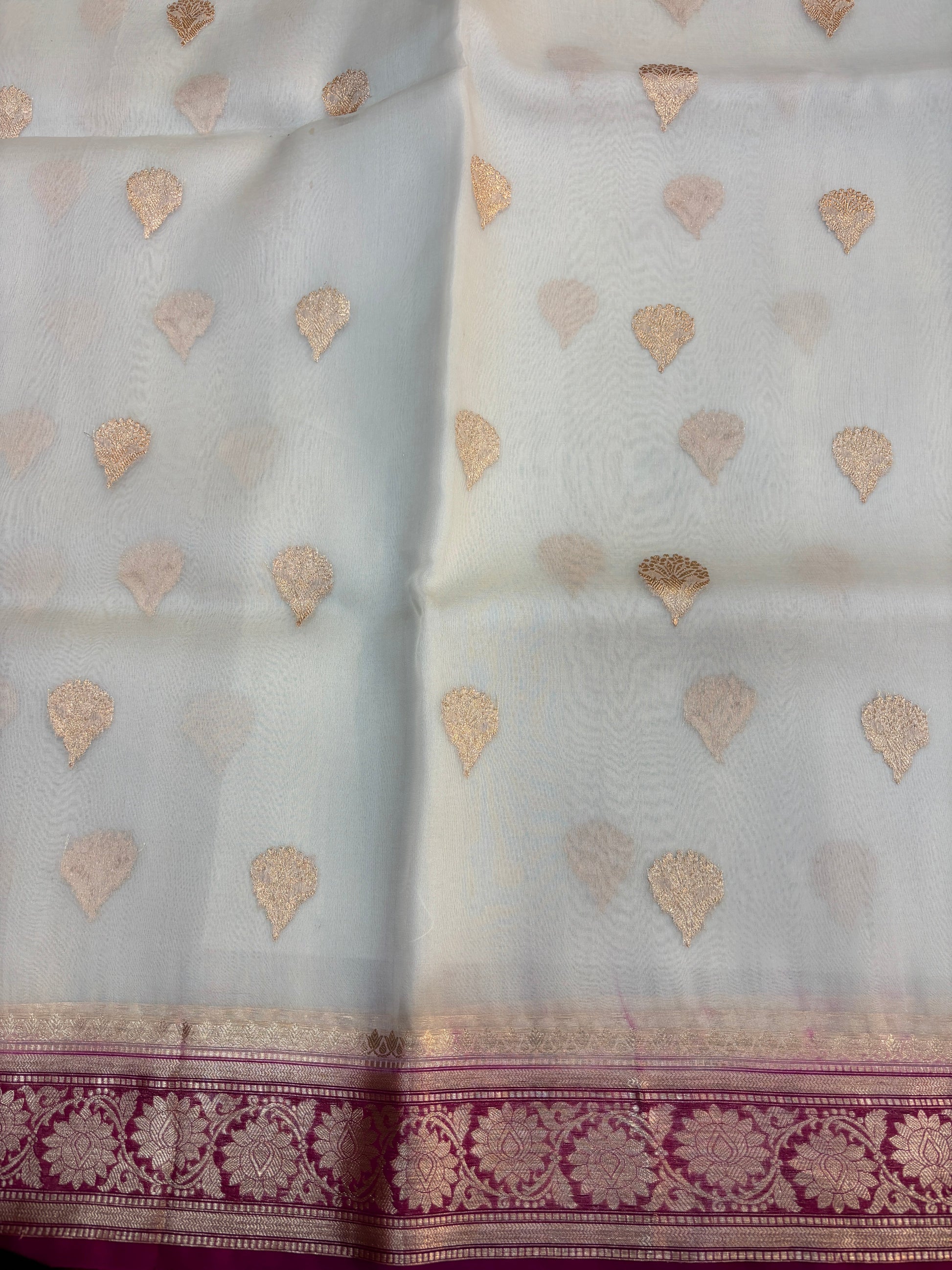 White-Rani Pink Pure Kora Designer Banarasi Handloom Saree 