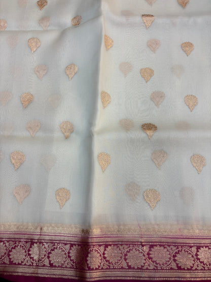 White-Rani Pink Pure Kora Designer Banarasi Handloom Saree 