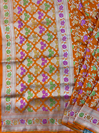 Orange Pure Katan Jangla Banarasi Handloom Saree