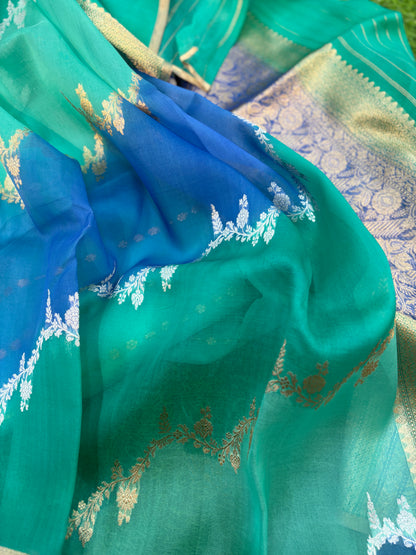 Sky Blue Pure Kora Katan Rungkaat Banarasi Handloom Saree
