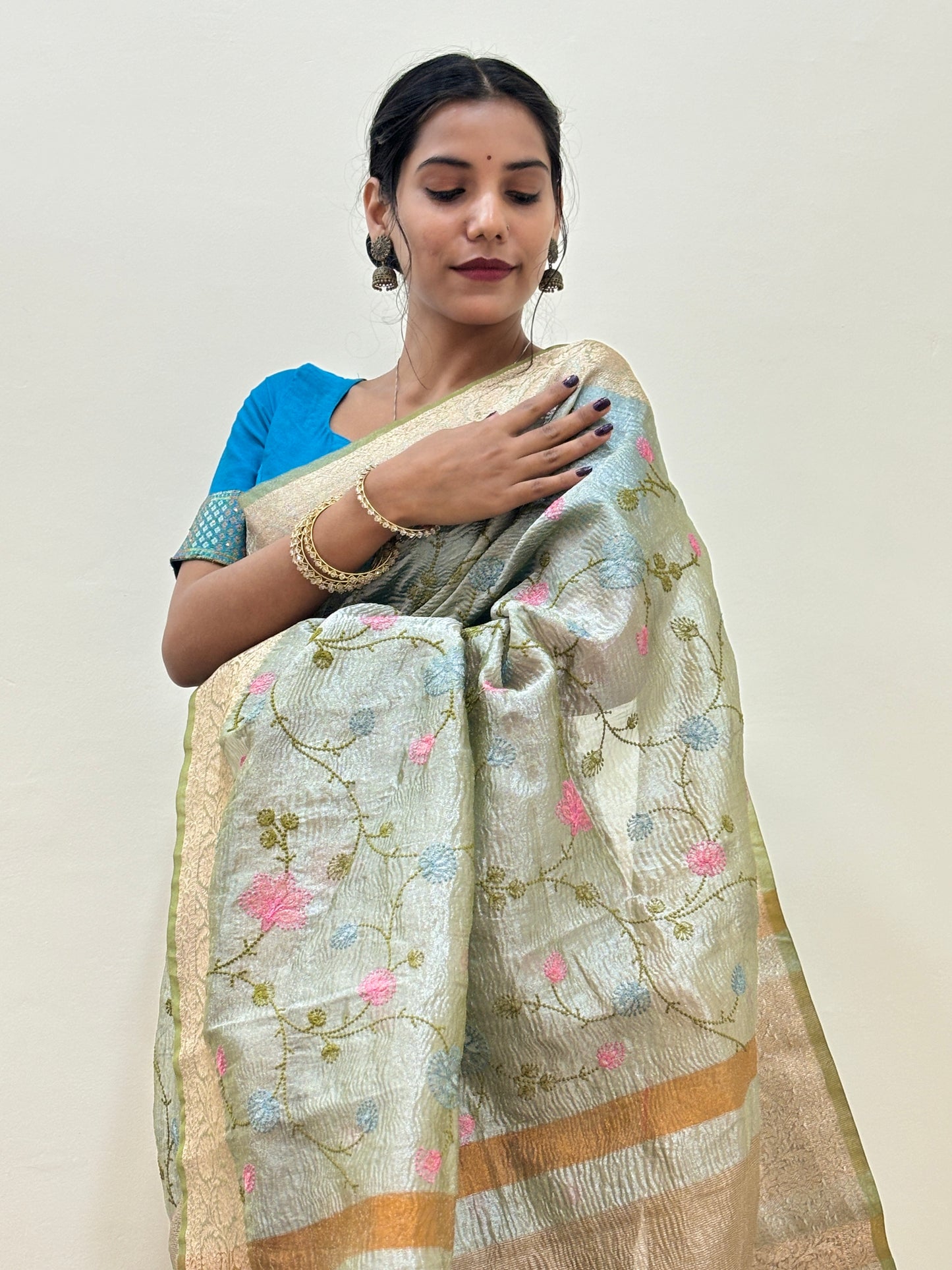 Light Green Crush Tissue With Embroidery Banarasi Handloom Saree