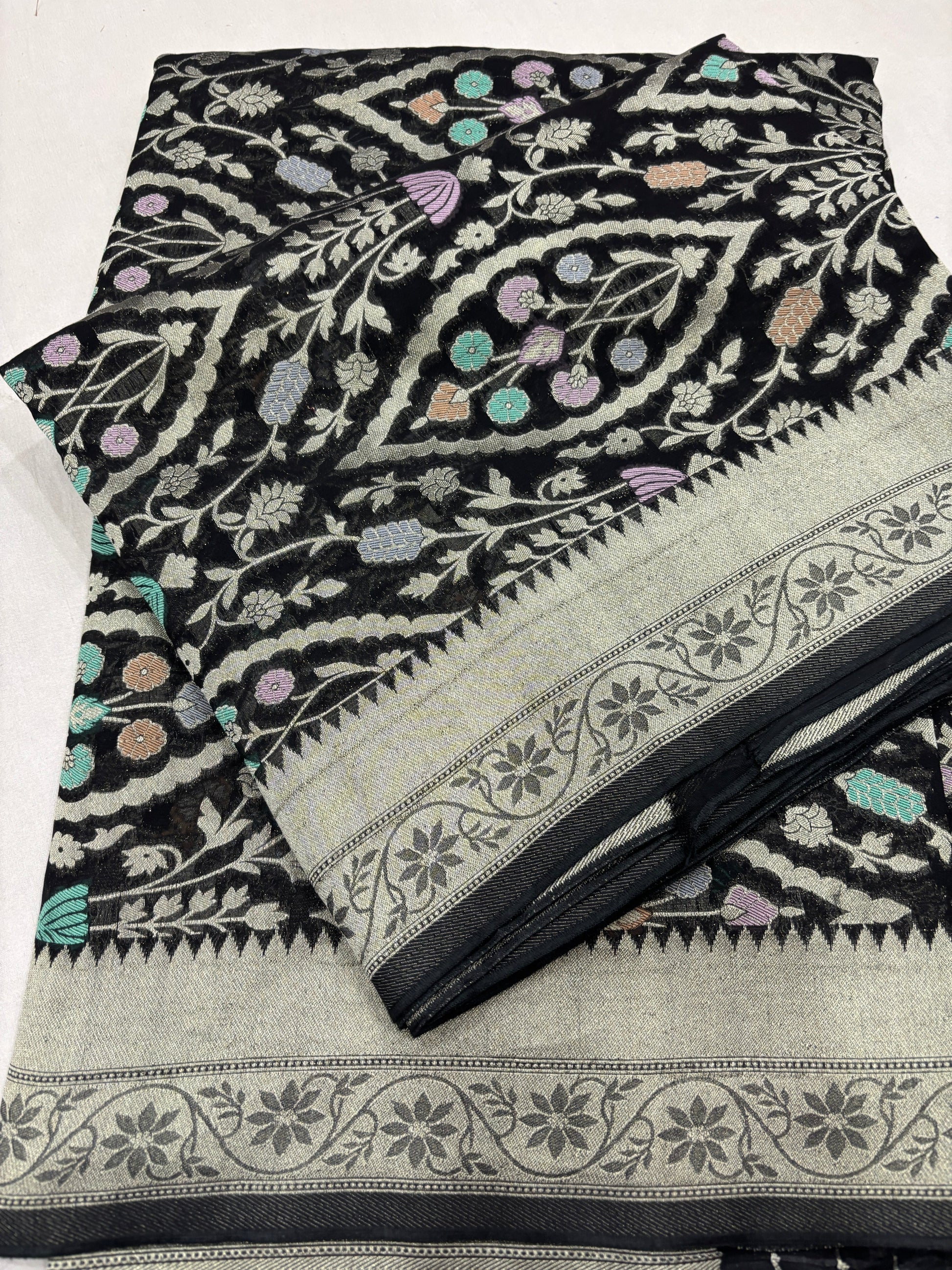 Black Semi Khaddi Georgette Banaras Sari 