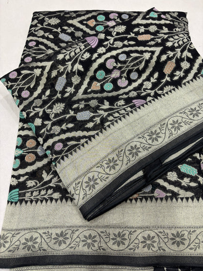Black Semi Khaddi Georgette Banaras Sari 