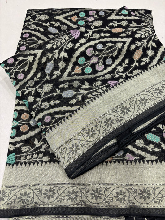 Black Semi Khaddi Georgette Banaras Sari 