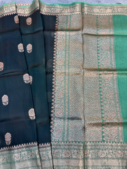 Rama Green Pure Kora Antique Zari Banarasi Handloom Saree