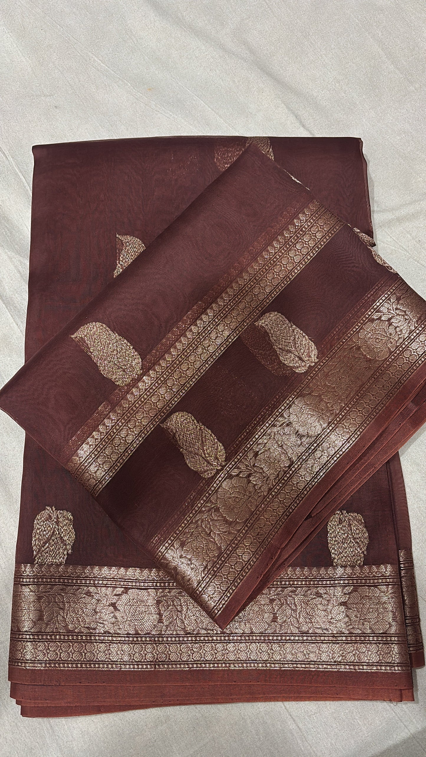 Coffee Brawn Pure Kora Antique Zari Banarasi Handloom Saree 