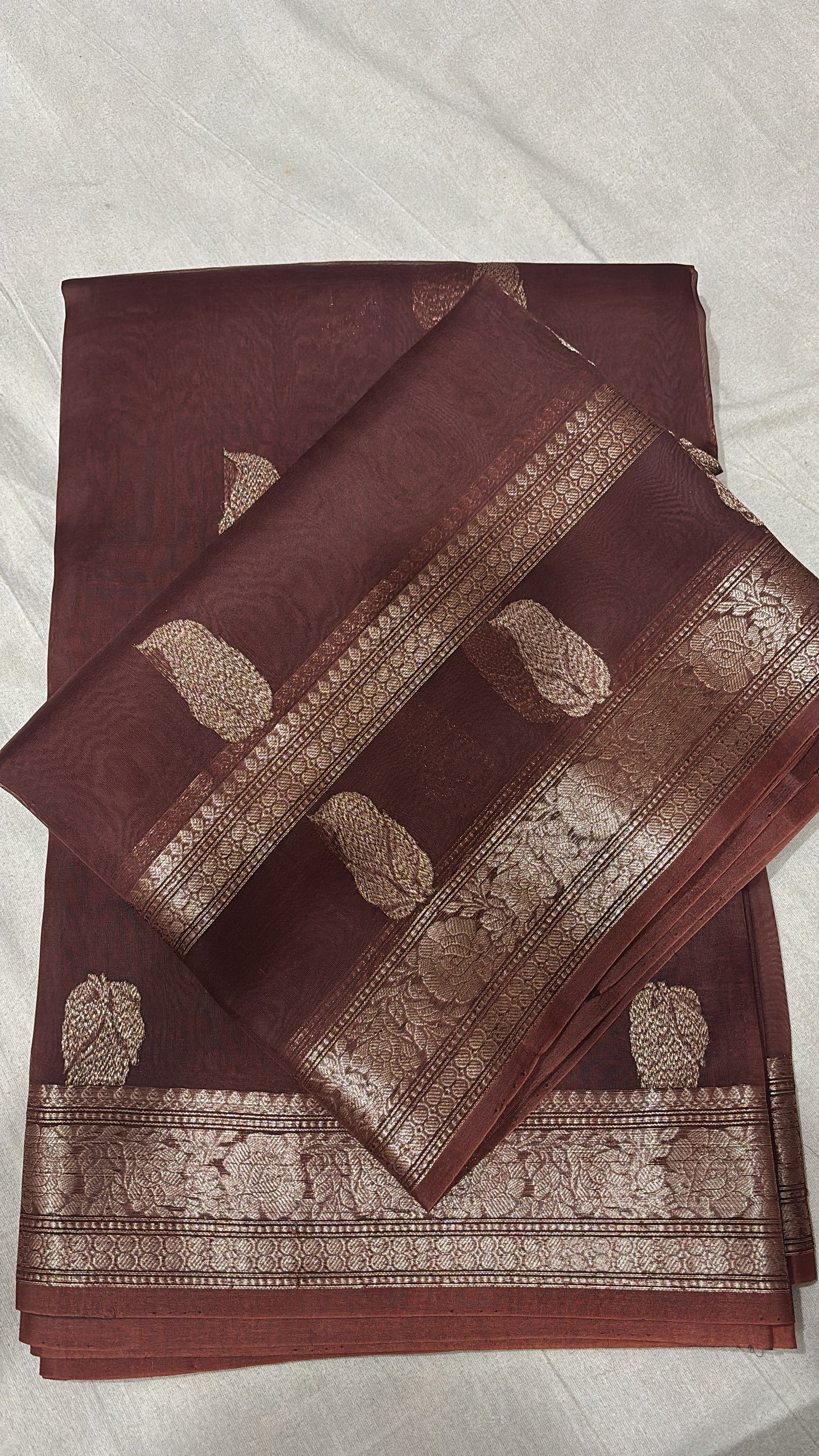 Coffee Brawn Pure Kora Antique Zari Banarasi Handloom Saree 