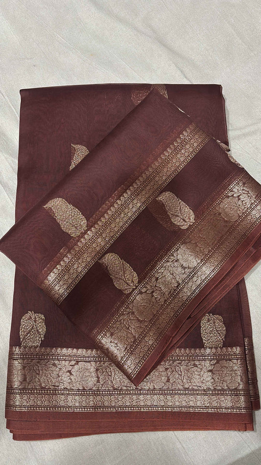 Coffee Brawn Pure Kora Antique Zari Banarasi Handloom Saree