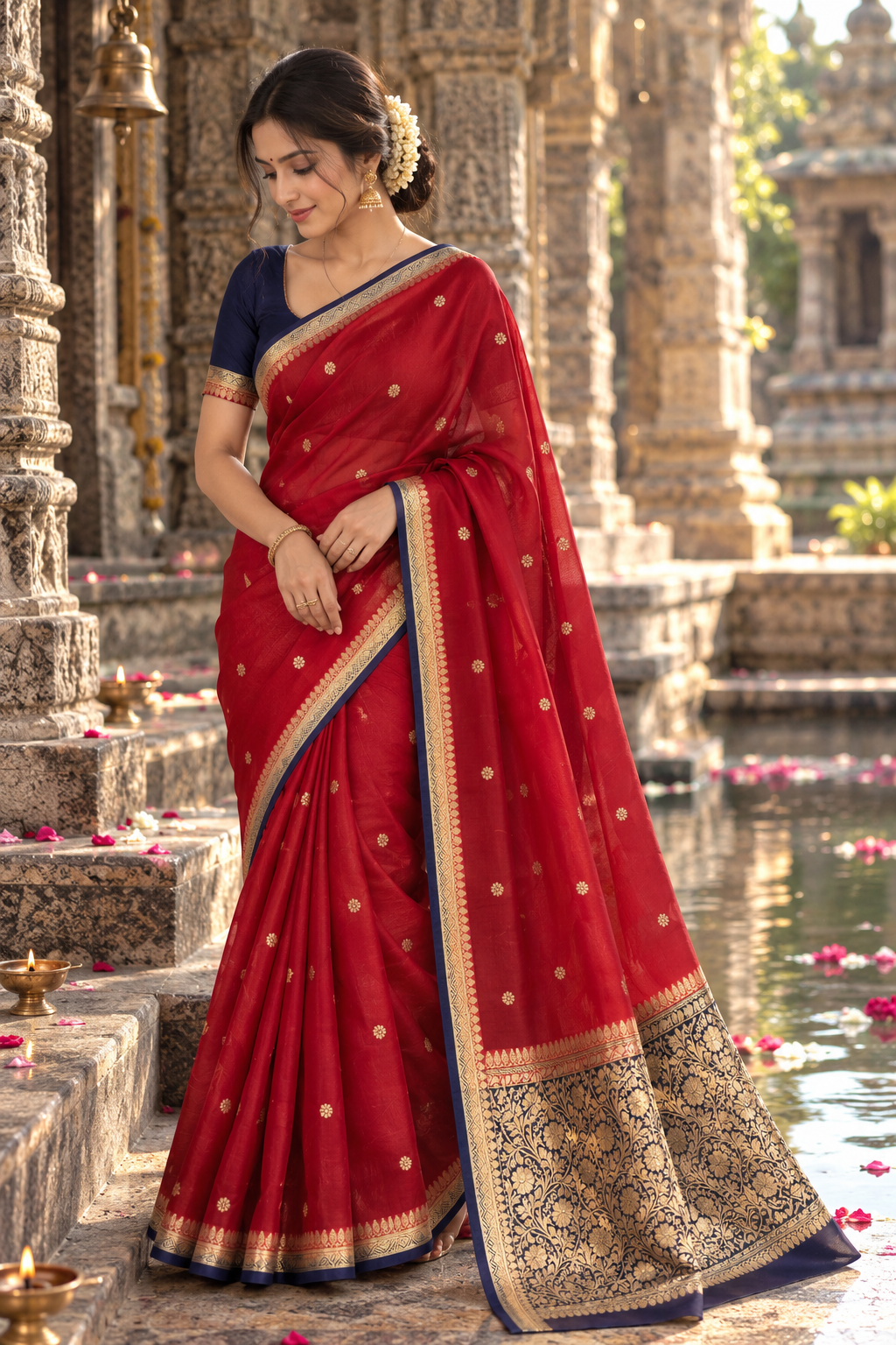 Red Pure Kora Designer Small Booti Kadhuwa Banaras Handloom Saree 