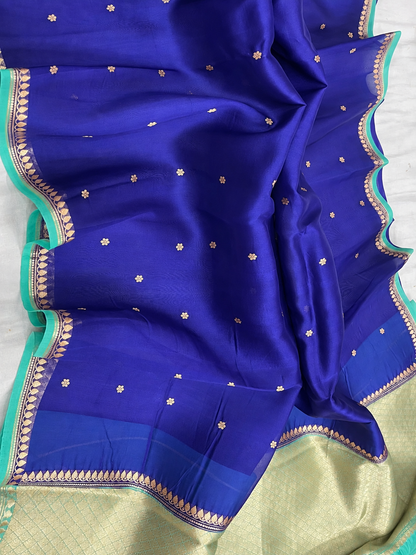 Blue With Sea Green Pure Kora Kadhuwa Banaras Handloom Saree 
