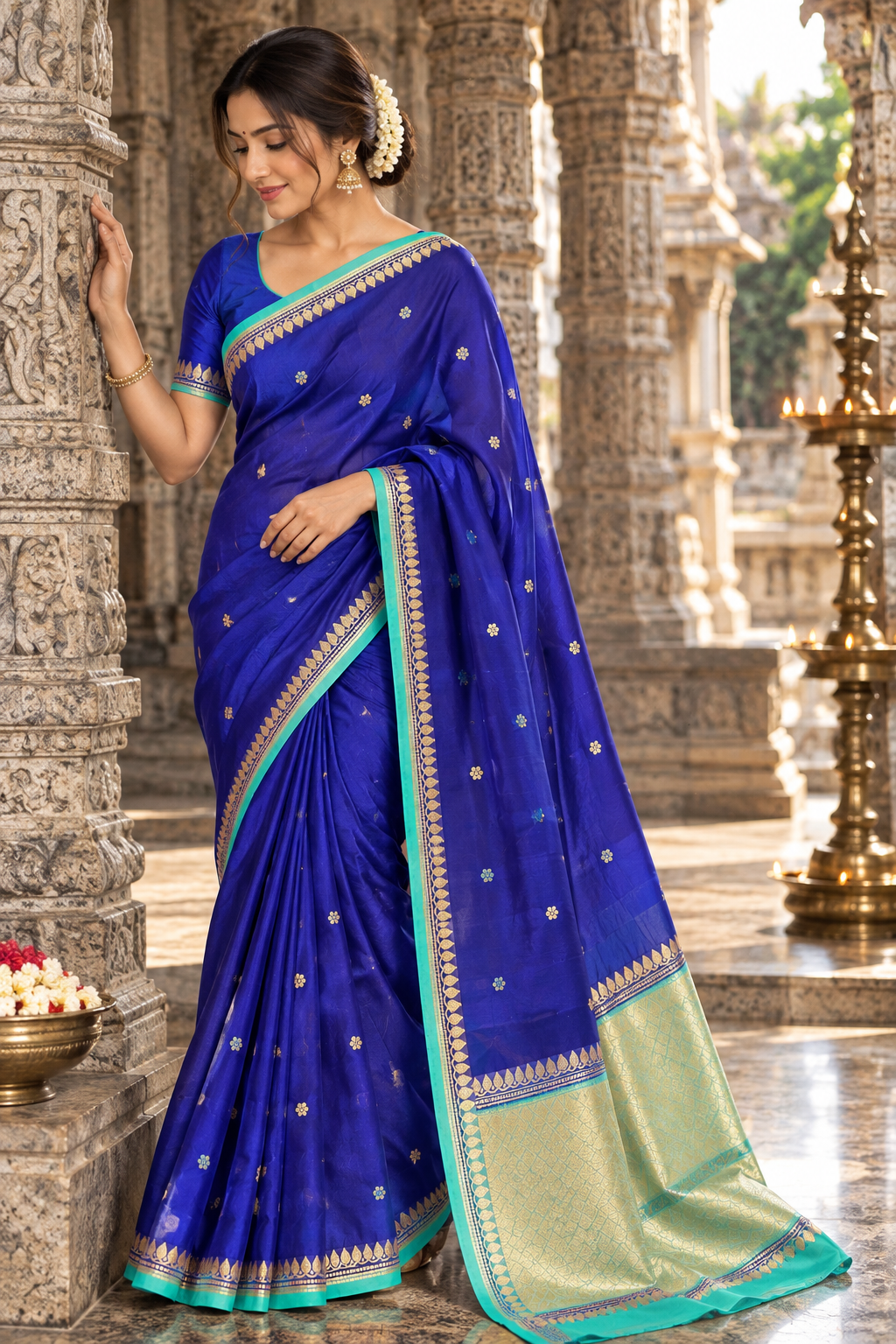 Blue With Sea Green Pure Kora Kadhuwa Banaras Handloom Saree 