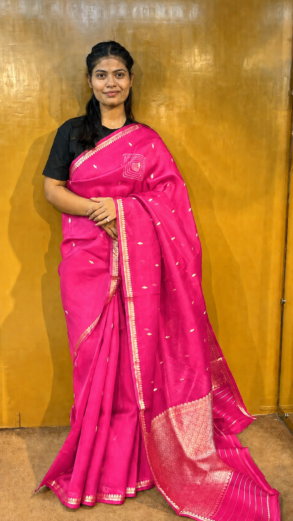 Pink Banarasi handloom saree with gold zari border and small metallic motifs
