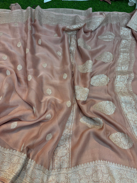 Peach Pink Pure Khaddi chiffon Banaras Handloom Saree 