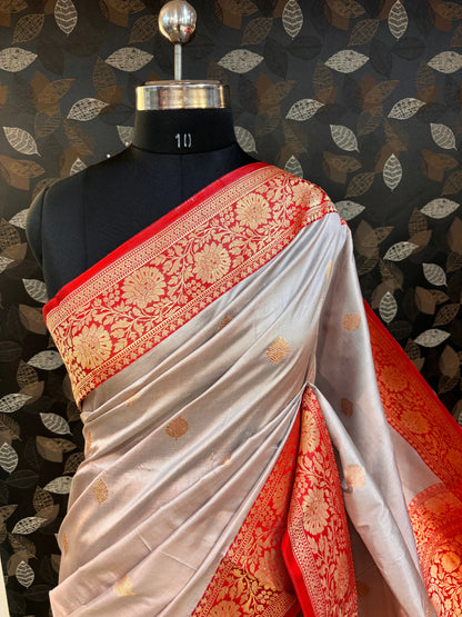 Creamy White Pure Katan Kadhiyal Meenakari Banarasi Handloom Sareee - Rungkaat