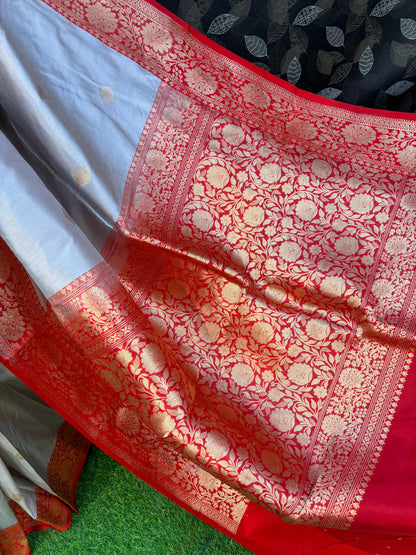 Creamy White Pure Katan Kadhiyal Meenakari Banarasi Handloom Sareee - Rungkaat