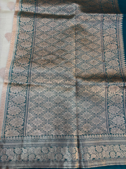 White with Blue Pure Kora Designer Banarasi Handloom Saree 