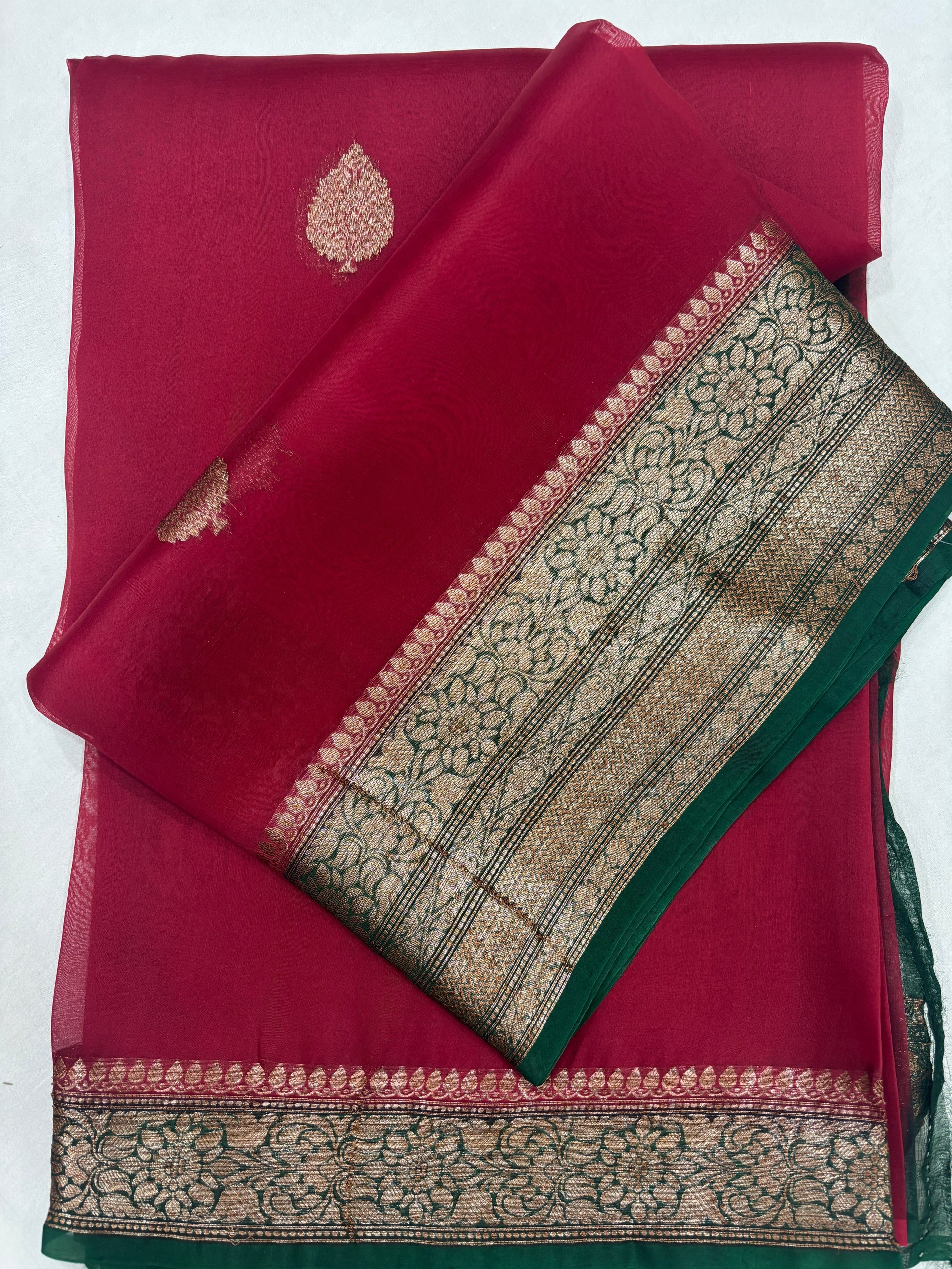 Red With Rama Green Pure Kora Antique Zari Banarasi Handloom Saree 