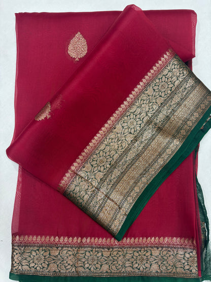 Red With Rama Green Pure Kora Antique Zari Banarasi Handloom Saree 