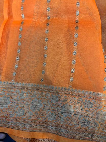 Bottle green with orange, Pure Kora Antique Zari Banarasi Handloom sari