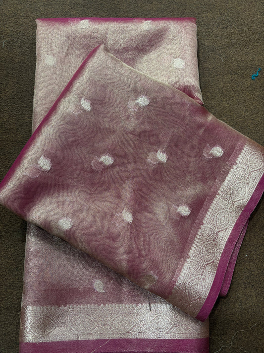 Banarasi tissue sari, mauve with dotted zari and maroon-gold border
