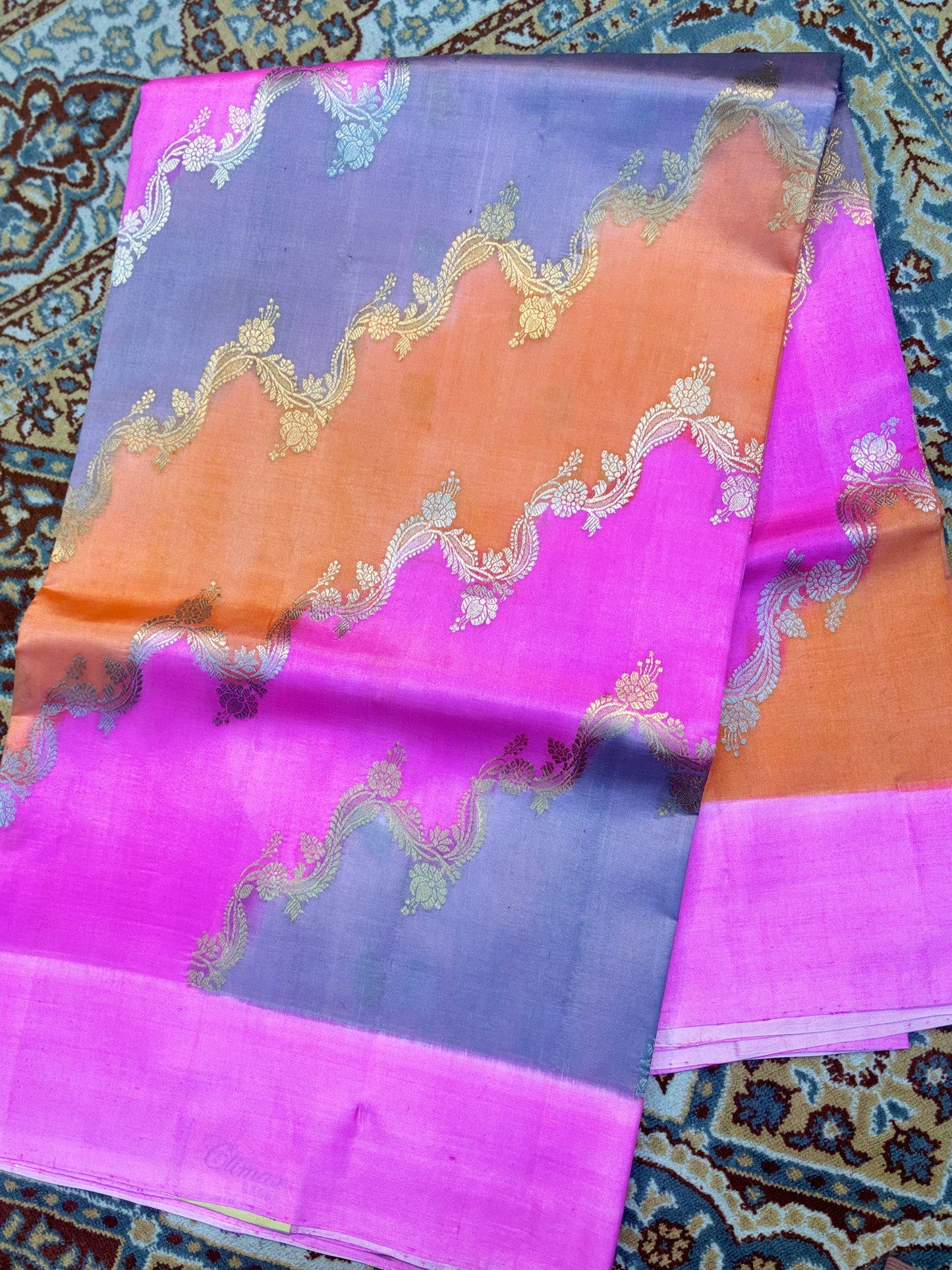 Pink Gray Pure Raw Mango Rungkaat Banarasi Handloom Saree