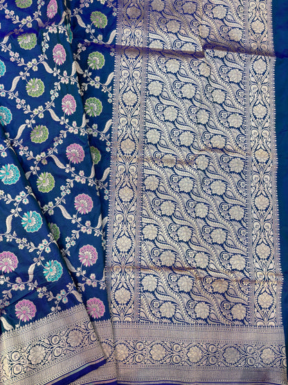 Blue pure Katan Jangla Meenakari Banaras Handloom Saree