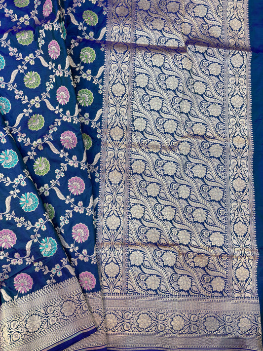 Blue pure Katan Jangla Meenakari Banaras Handloom Saree