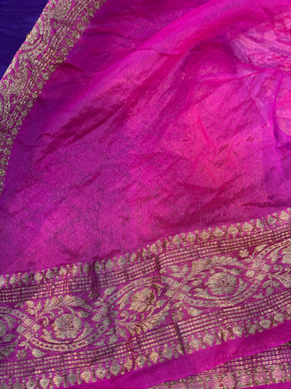 Banarasi handloom saree with magenta pink drape and gold patterned border strip